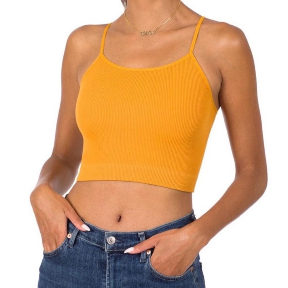 Zenana Brami Ribbed Padded Crop Tank Camisole Mustard Yellow Stretch | Size L/XL